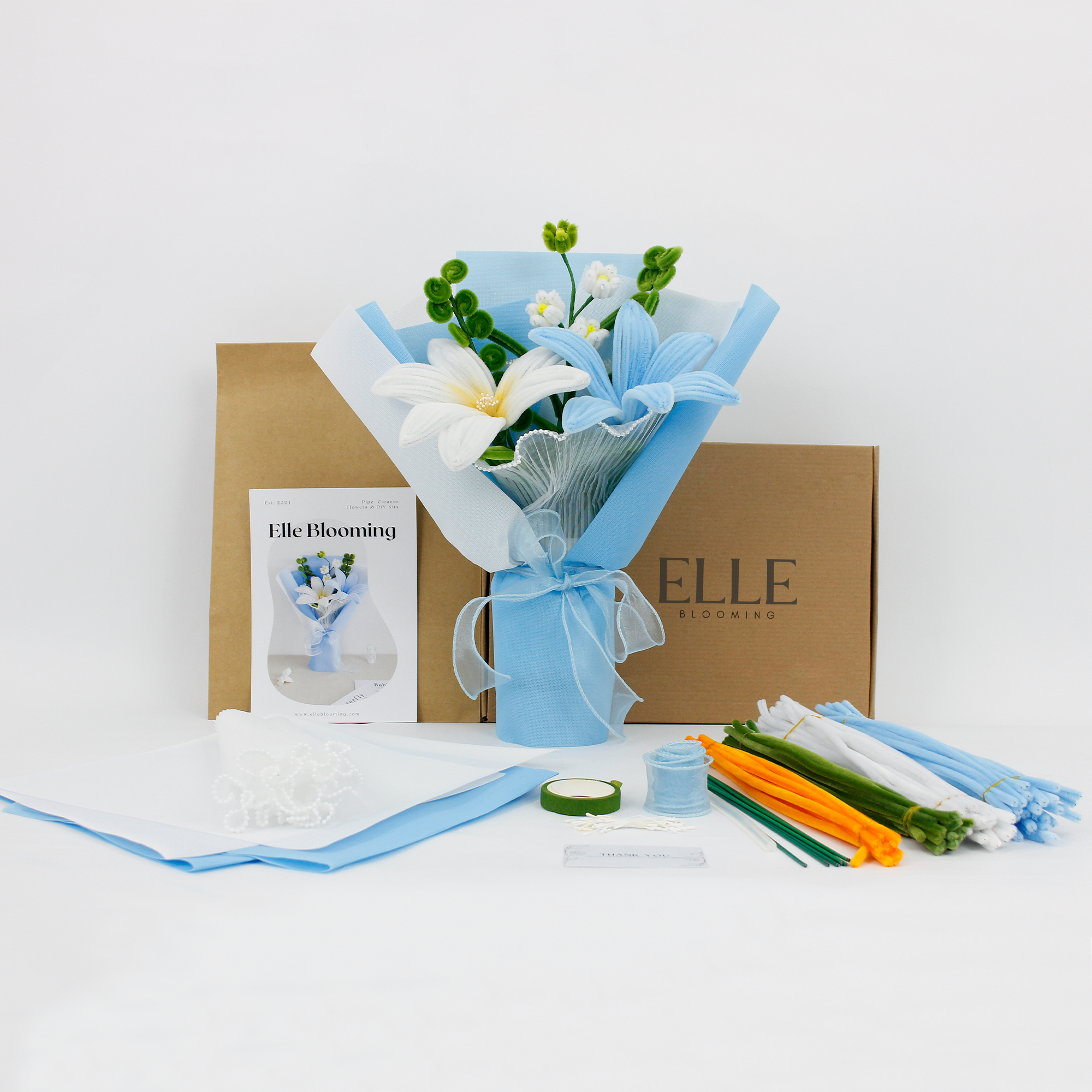 DIY Kit to create baby blue lily flower bouquet using soft pipe cleaners. Includes all materials and a step-by-step video tutorial. A beautiful handmade gift or calming creative project for flower lovers. This bouquet lasts forever.
