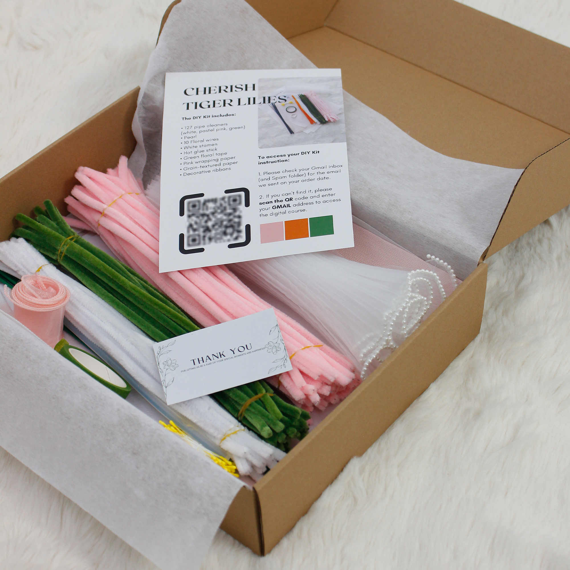 DIY Kit for making pink tiger lilies bouquet using fuzzy pipe cleaners and clear instructions from Elle Blooming. A stunning, heartfelt handmade gift for loved ones. This bouquet lasts forever.
