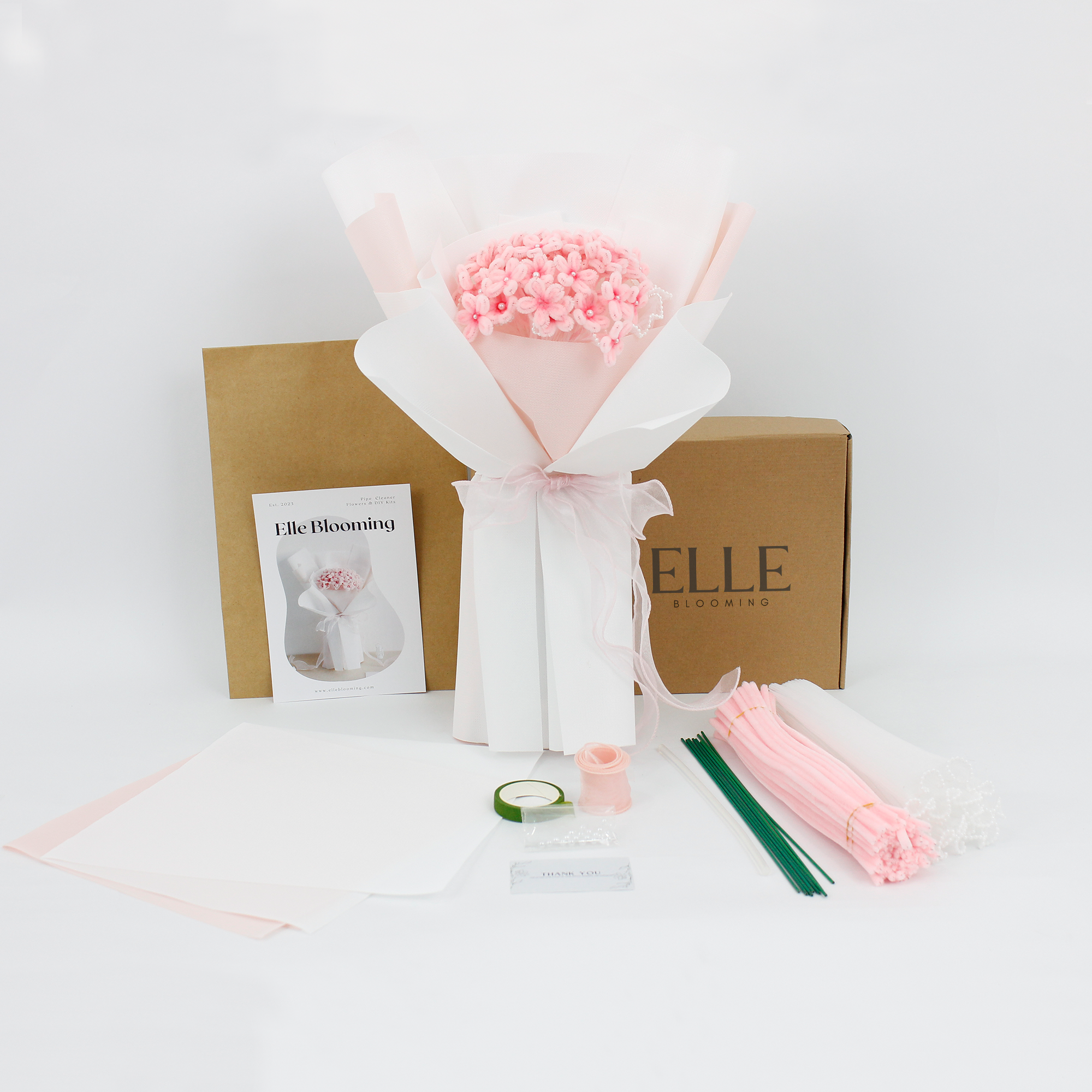 DIY Kit to create pink hydrangea flower bouquet using fuzzy pipe cleaners, includes all materials and a step-by-step tutorial from Elle Blooming. A perfect handmade gift or creative craft for flower lovers.
