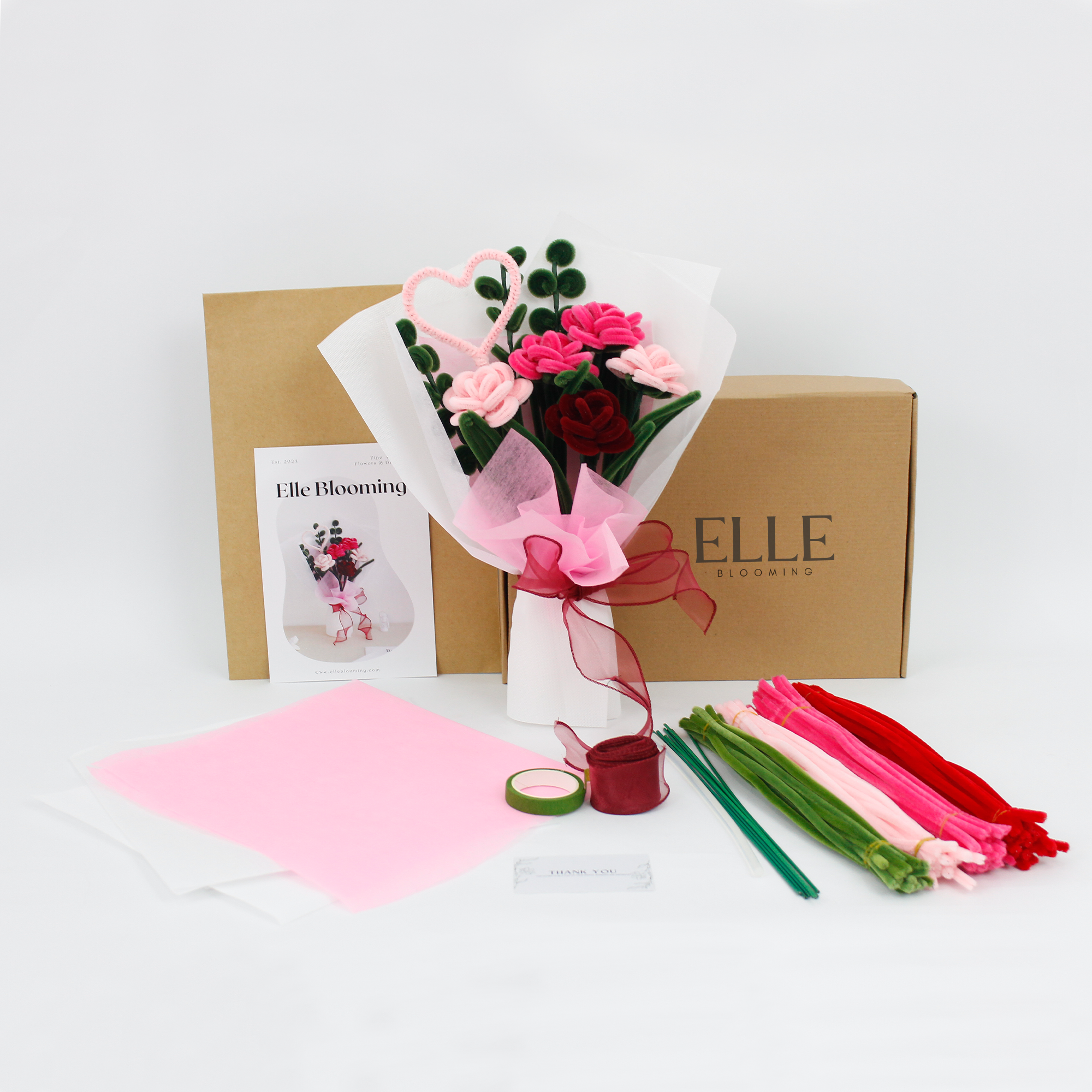 DIY kit to make a romantic bouquet of pink and red roses using pipe cleaners, with heart accents and full wrapping materials. Includes all tools and video tutorial from Elle Blooming. A perfect handmade gift for anniversaries, Valentine's Day, or someone you love