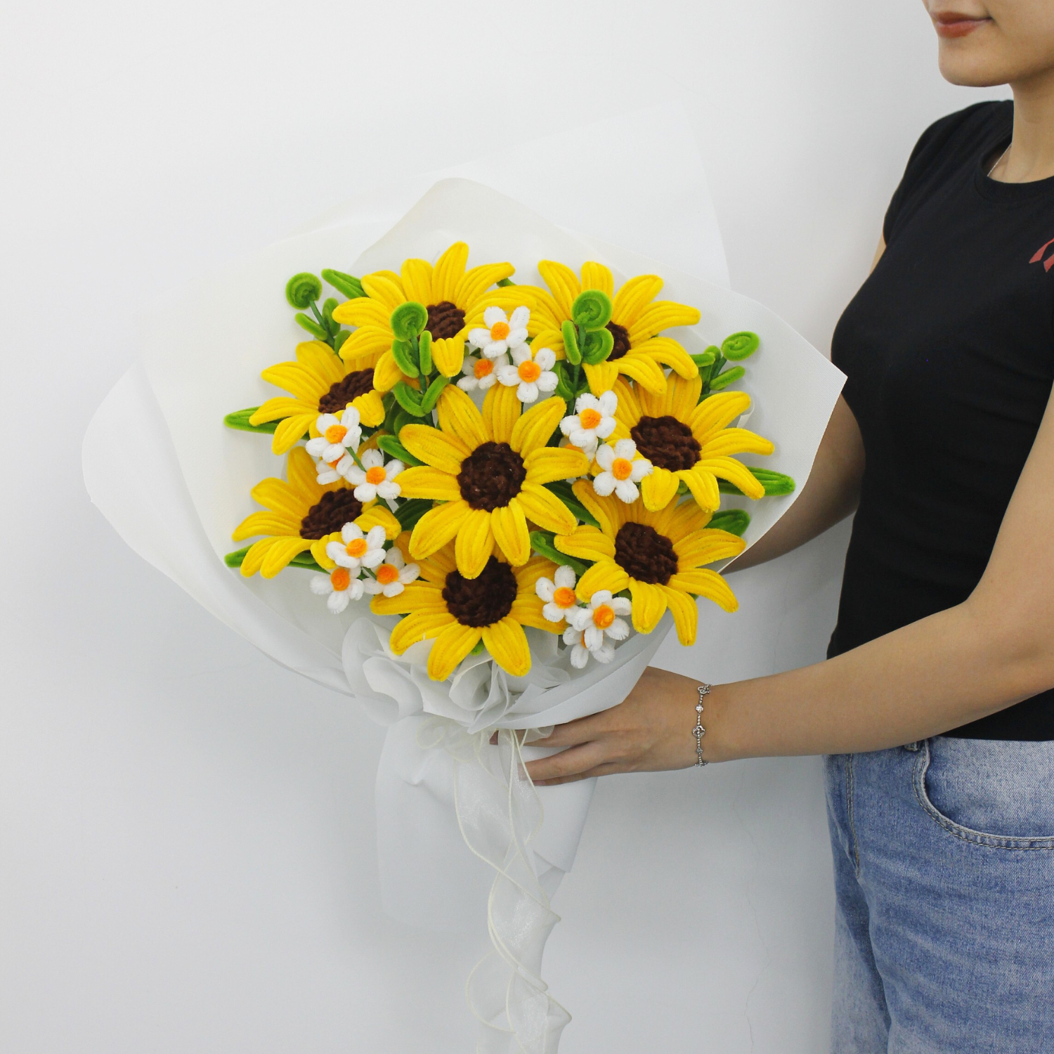 Handcrafted yellow sunflower bouquet made from fuzzy pipe cleaners, paired with small white accent flowers. A cheerful and long-lasting gift perfect for birthdays, graduations, or home decoration. Handmade by Elle Blooming.
