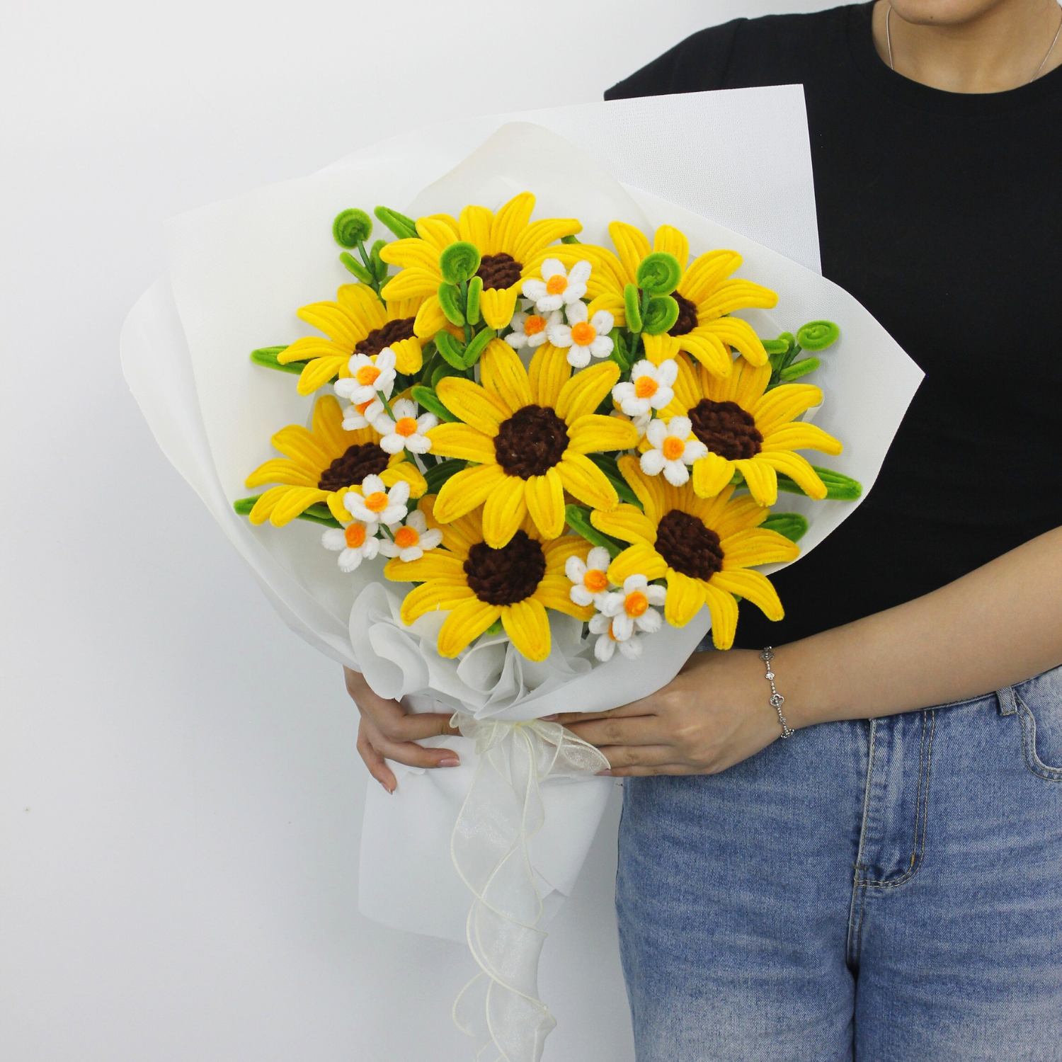 Handcrafted yellow sunflower bouquet made from fuzzy pipe cleaners, paired with small white accent flowers. A cheerful and long-lasting gift perfect for birthdays, graduations, or home decoration. Handmade by Elle Blooming.