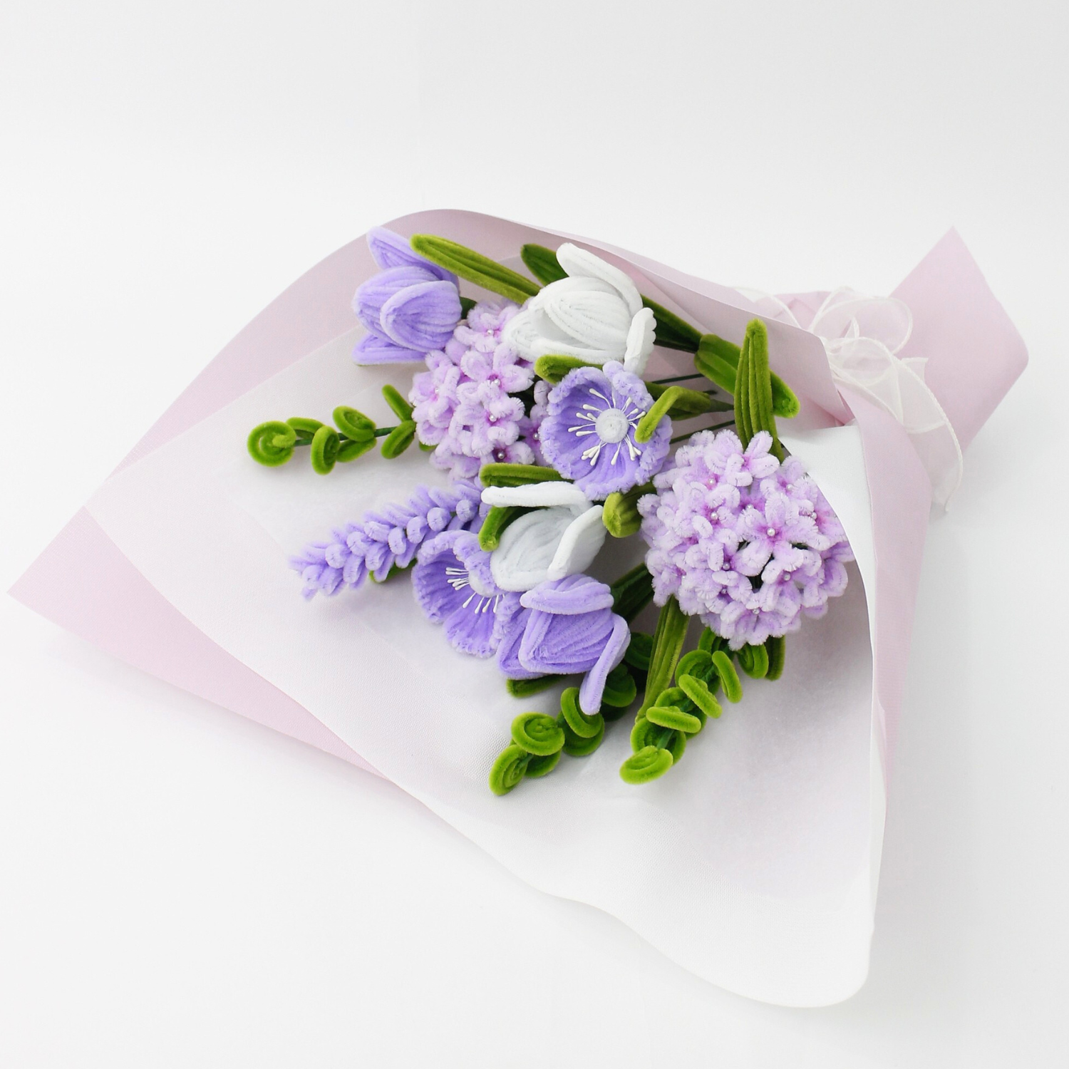 Handmade everlasting bouquet with purple and white flowers, crafted from pipe cleaners, elegant finished flower arrangement gift in Australia for birthdays, anniversaries, and special occasions.