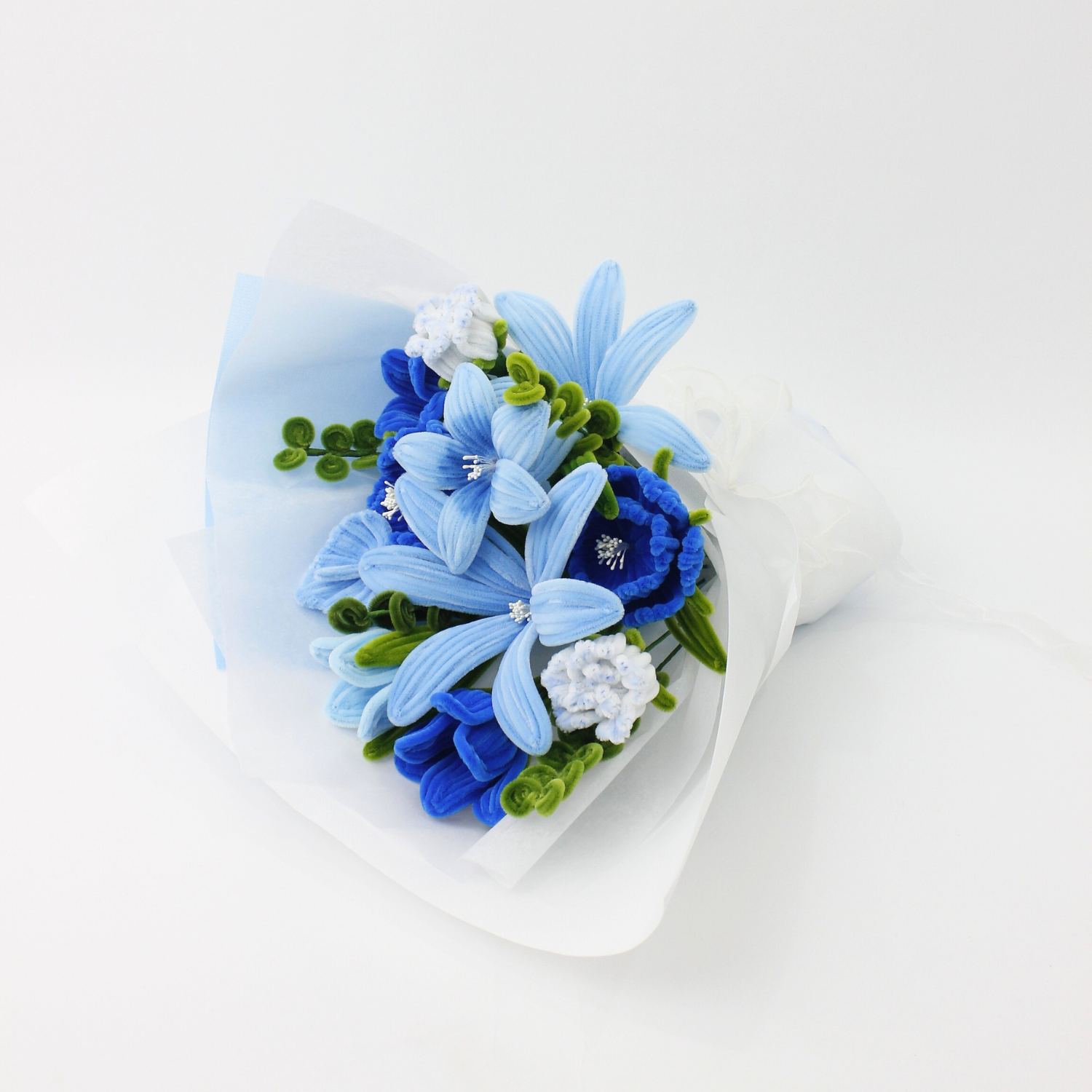 Ocean Mist everlasting bouquet with handmade blue and white flowers, crafted from pipe cleaners, elegant finished flower arrangement gift in Australia.