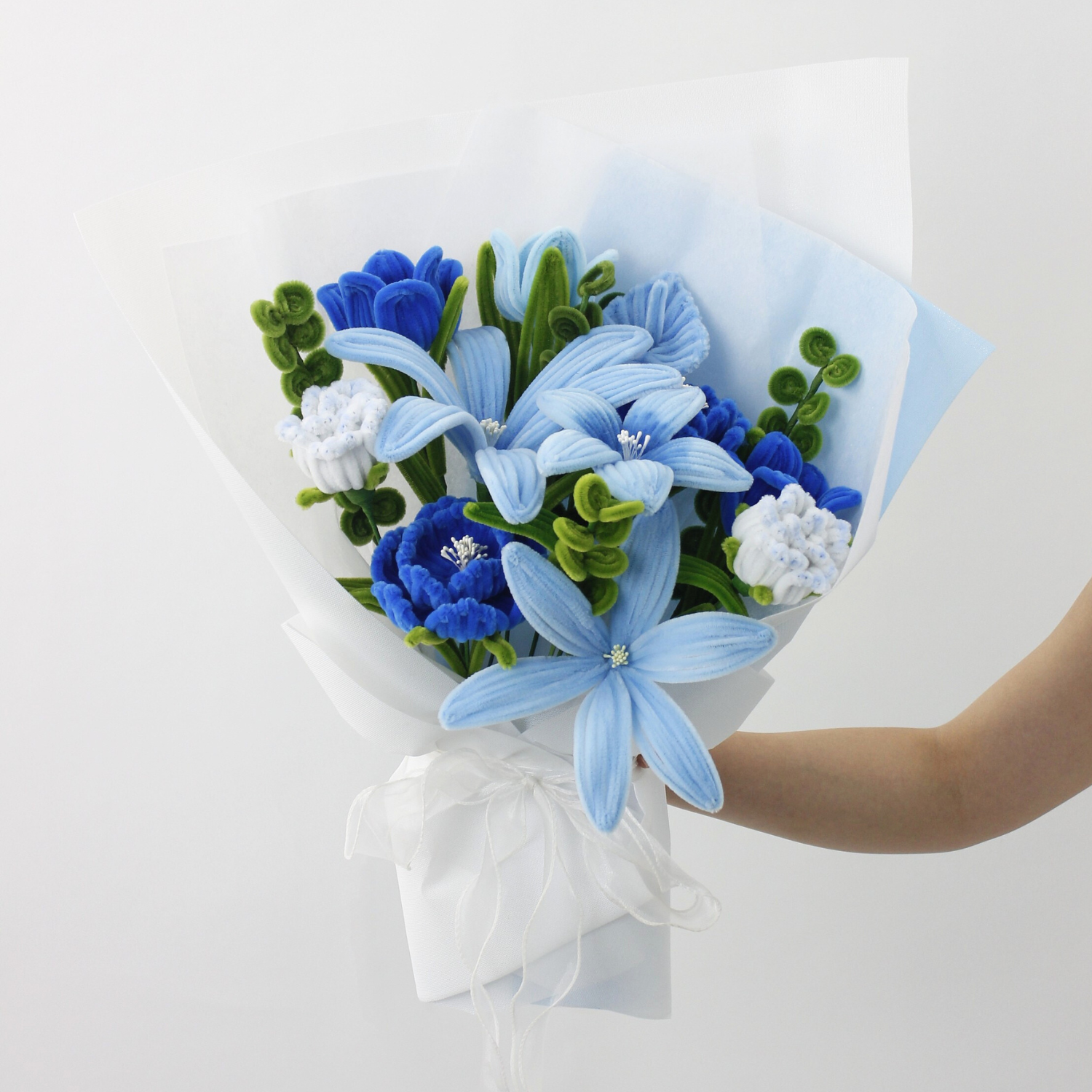 Ocean Mist everlasting bouquet with handmade blue and white flowers, crafted from pipe cleaners, elegant finished flower arrangement gift in Australia.