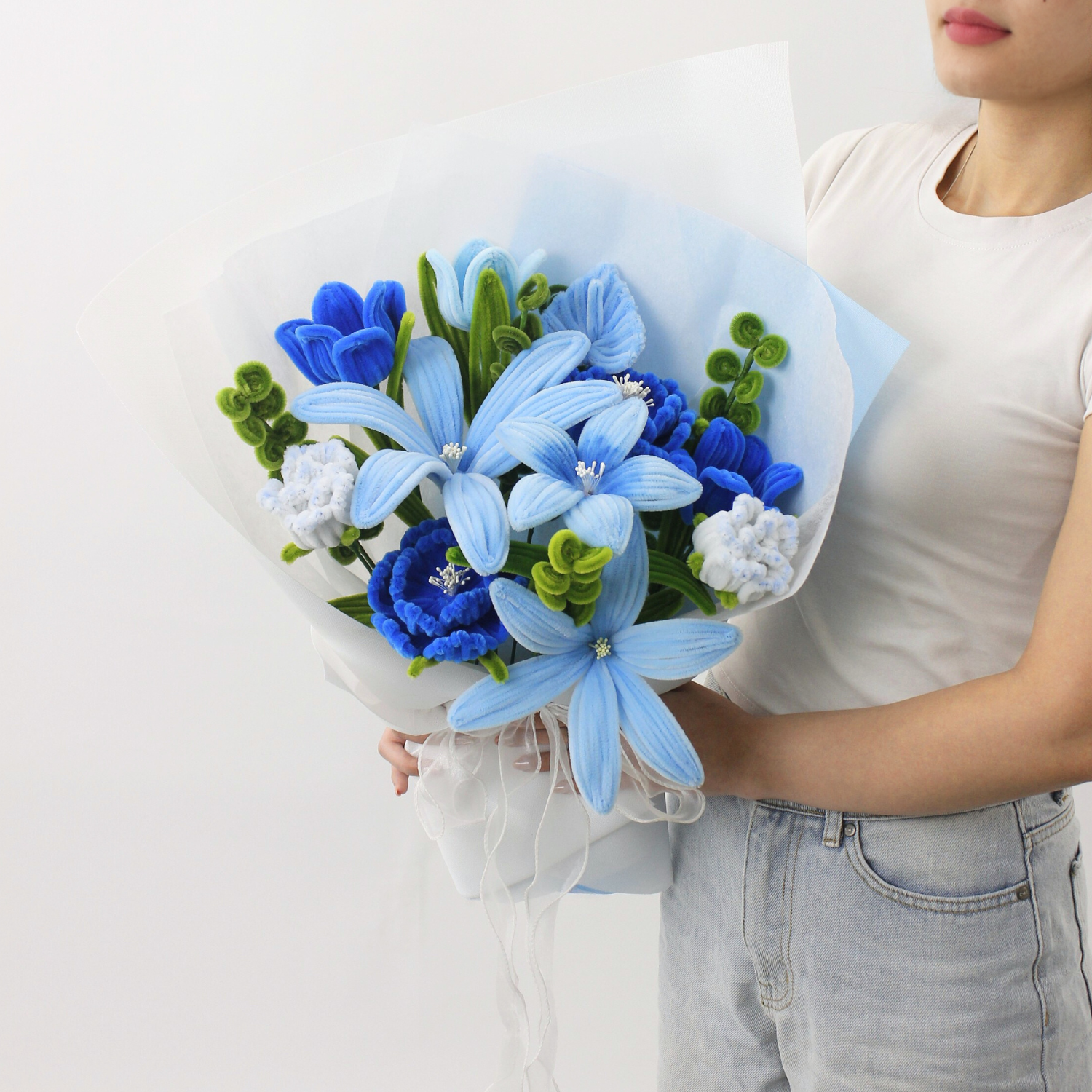 Ocean Mist everlasting bouquet with handmade blue and white flowers, crafted from pipe cleaners, elegant finished flower arrangement gift in Australia.