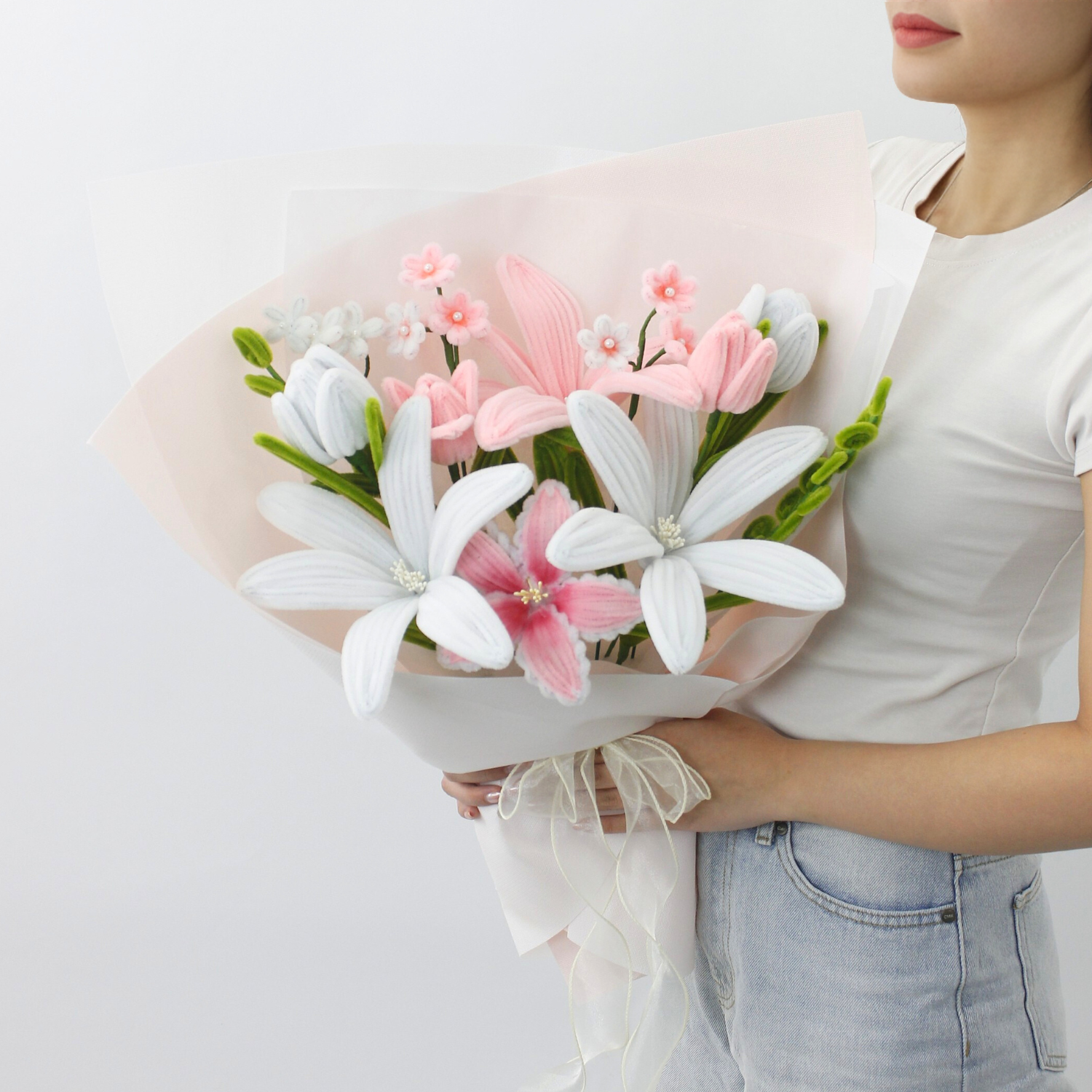lily flower hand bouquet Pastel Bloom Bouquet – Handmade Lily & Tulip Arrangement