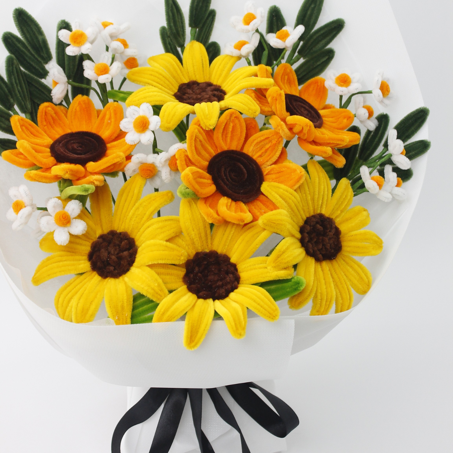 Handmade everlasting sunflower bouquet with bright yellow and orange tones, crafted from pipe cleaners, cheerful finished flower arrangement gift in Australia.