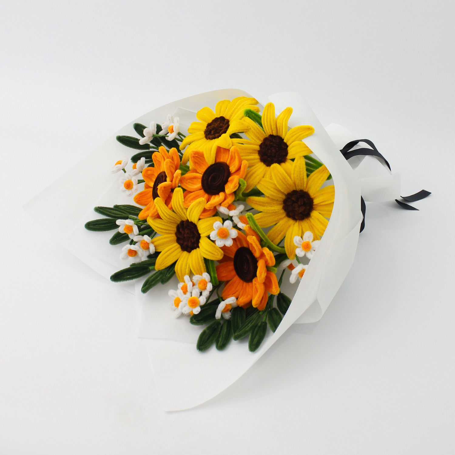 Handmade everlasting sunflower bouquet with bright yellow and orange tones, crafted from pipe cleaners, cheerful finished flower arrangement gift in Australia.