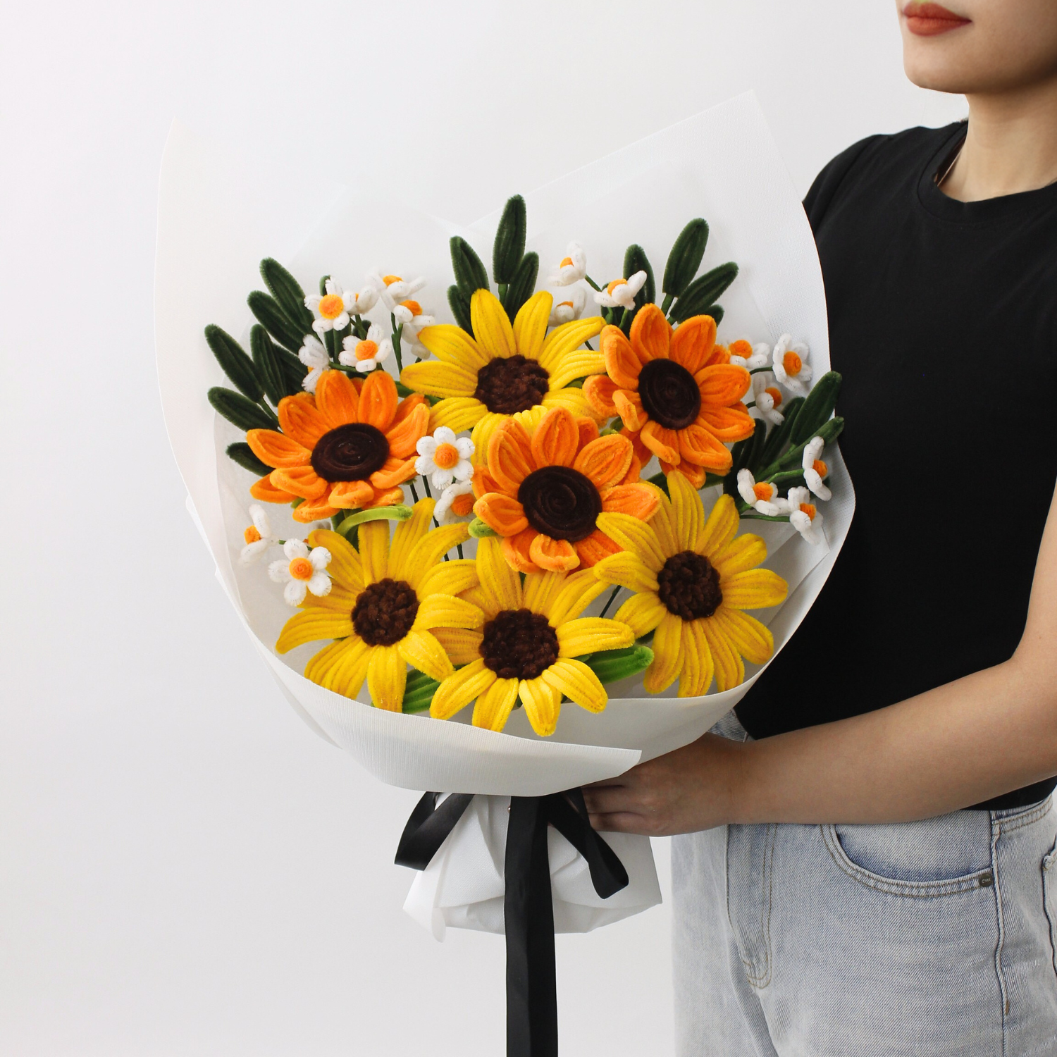 Handmade everlasting sunflower bouquet with bright yellow and orange tones, crafted from pipe cleaners, cheerful finished flower arrangement gift in Australia.