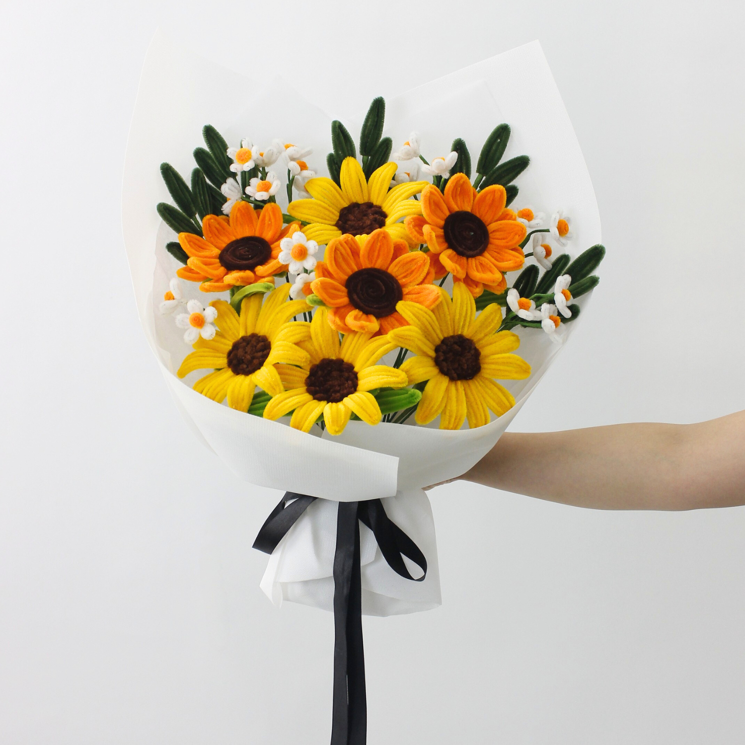 Handmade everlasting sunflower bouquet with bright yellow and orange tones, crafted from pipe cleaners, cheerful finished flower arrangement gift in Australia.