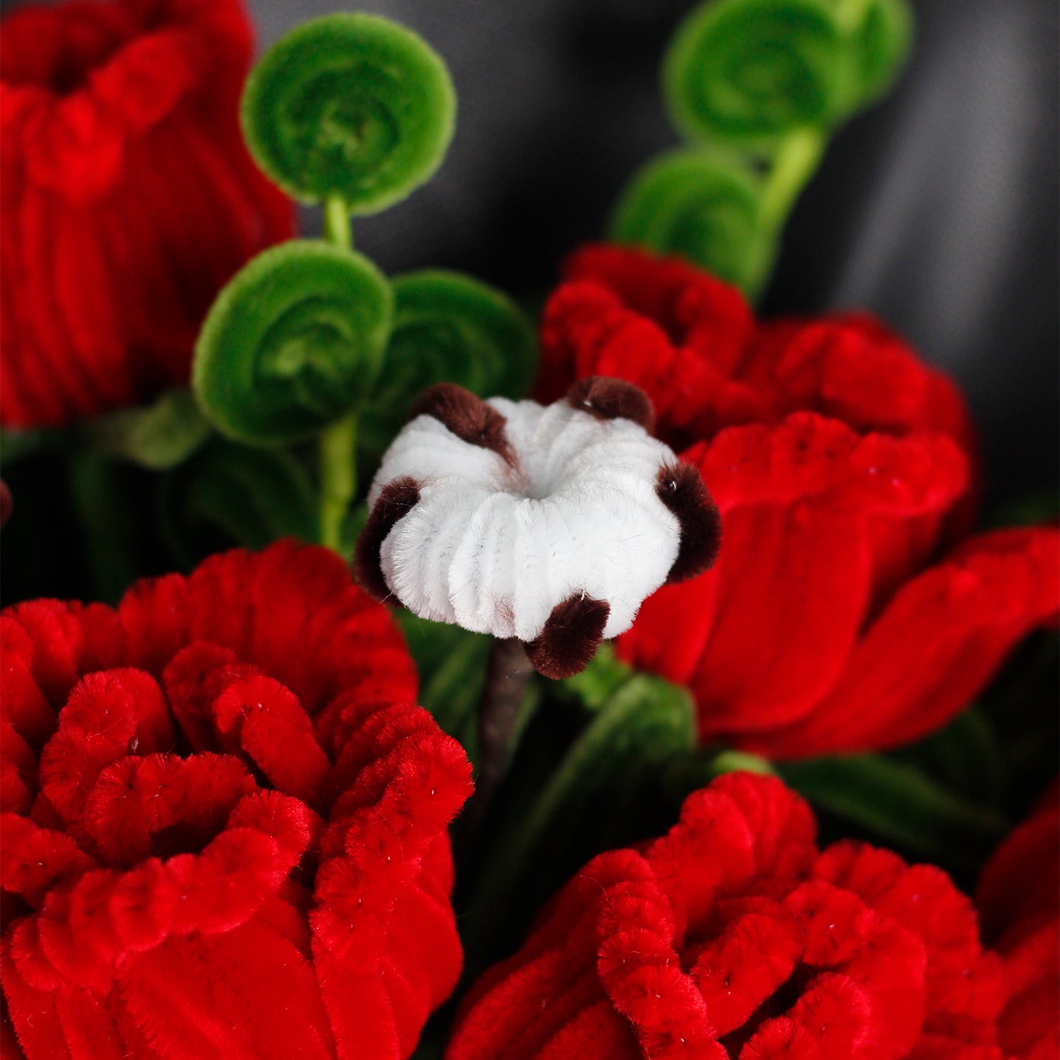 Elegant white and blue pipe cleaner flower bouquet with velvet texture, wrapped in white and icy blue paper. A handmade winter gift perfect for Christmas and seasonal decoration.
