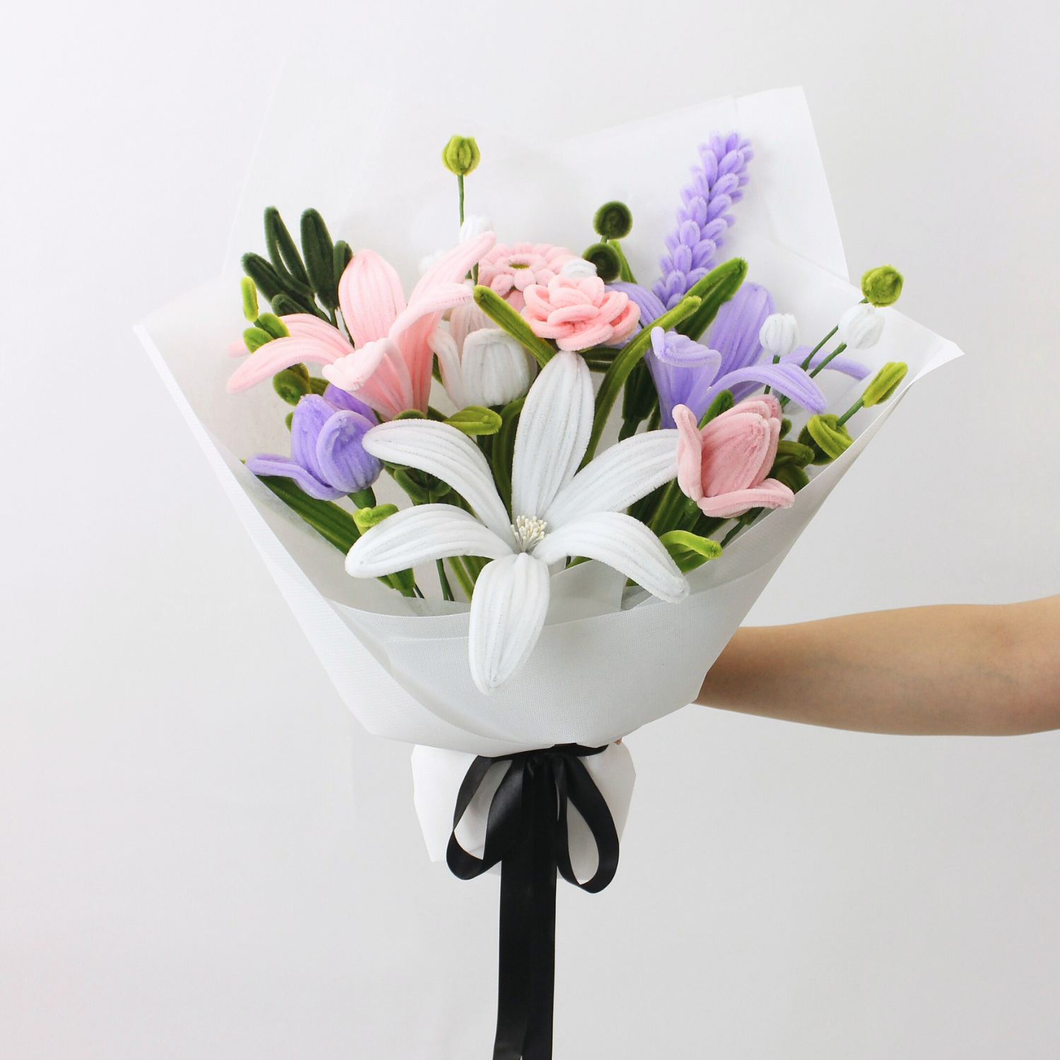 Handmade everlasting bouquet with pastel pink, white, and lilac flowers, crafted from pipe cleaners, elegant finished flower arrangement gift in Australia.