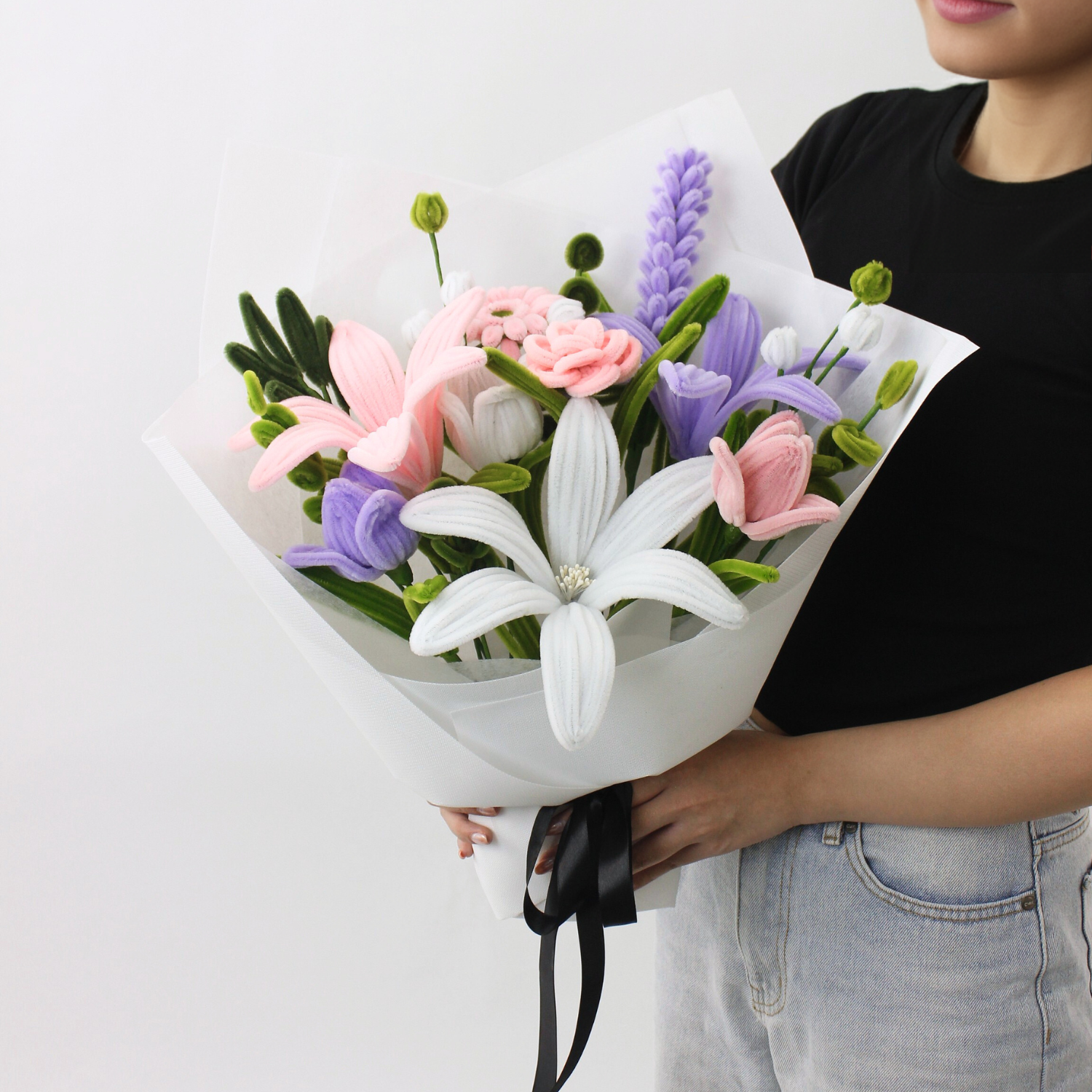 Handmade everlasting bouquet with pastel pink, white, and lilac flowers, crafted from pipe cleaners, elegant finished flower arrangement gift in Australia.