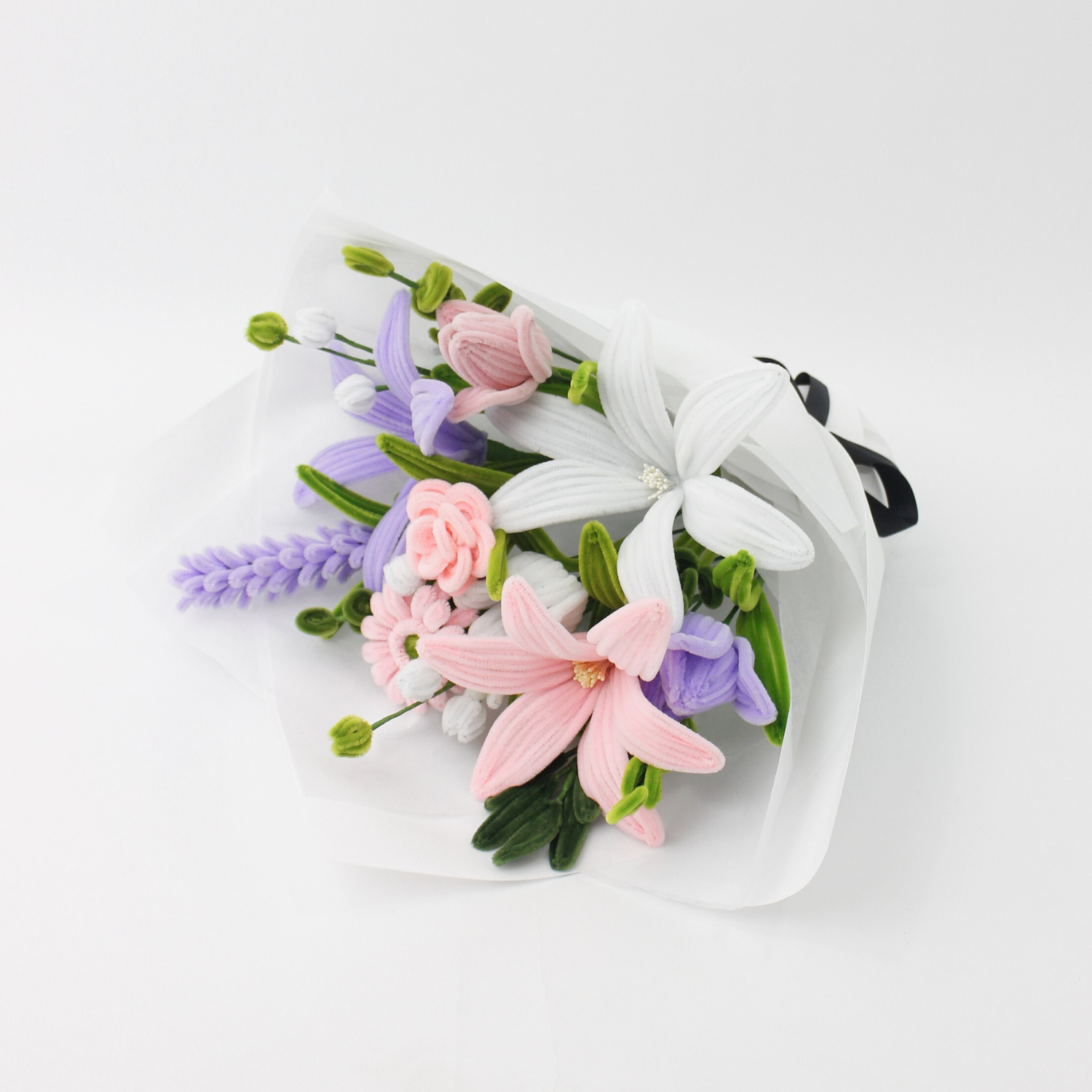 Handmade everlasting bouquet with pastel pink, white, and lilac flowers, crafted from pipe cleaners, elegant finished flower arrangement gift in Australia.