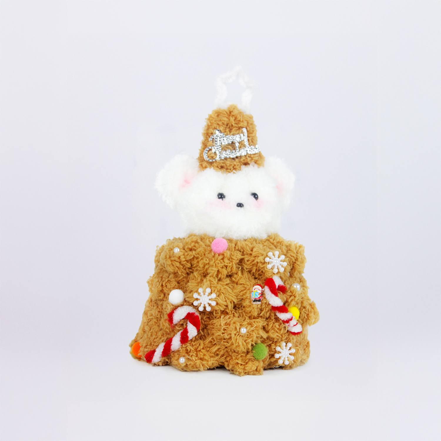 White bear dressed in a gingerbread brown outfit made from fuzzy pipe cleaners, decorated with candy canes and snowflakes. Ideal handmade Christmas gift.