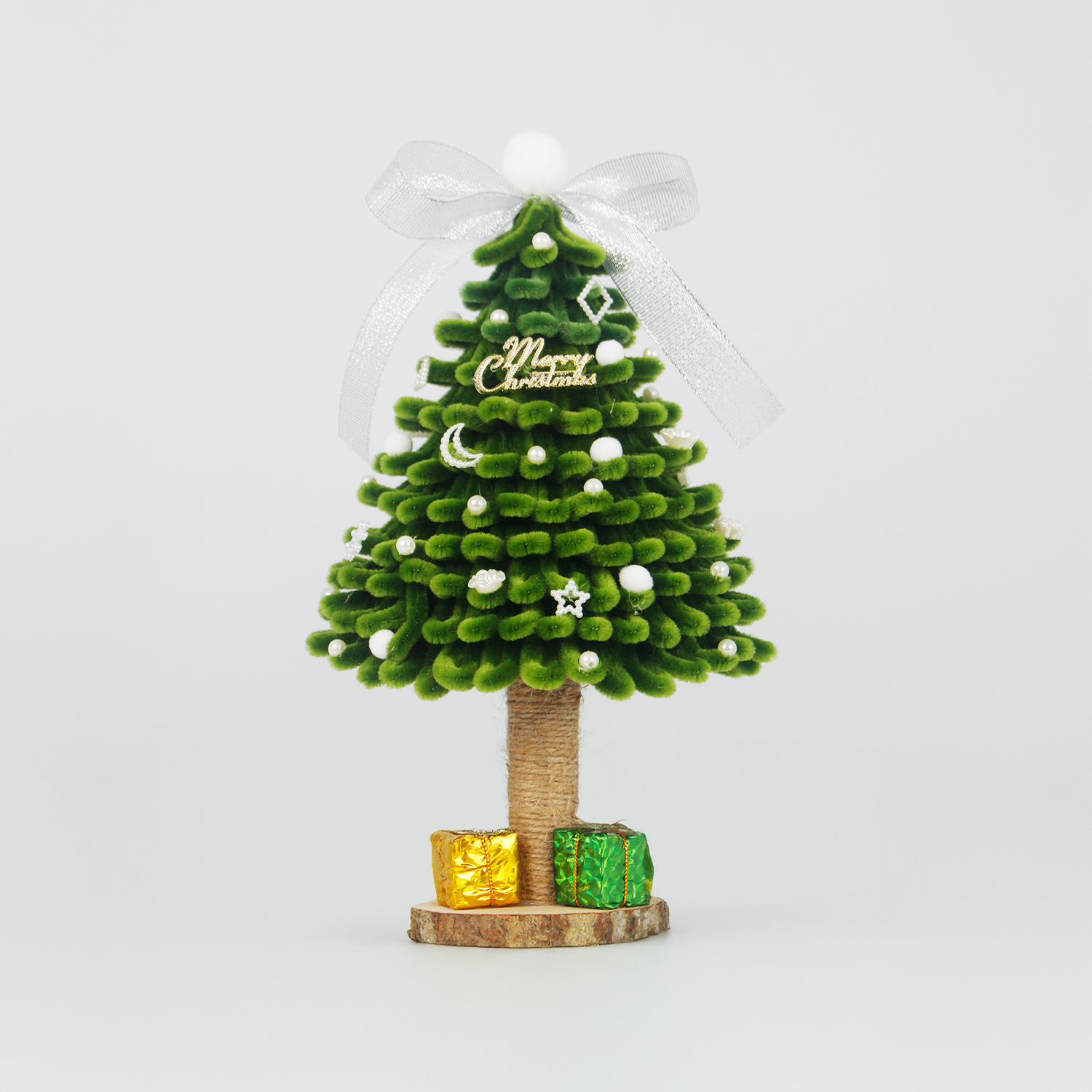 Classic green DIY Christmas tree made of fuzzy wire with silver bow and gift boxes – handmade holiday gift for friends or festive home decoration.