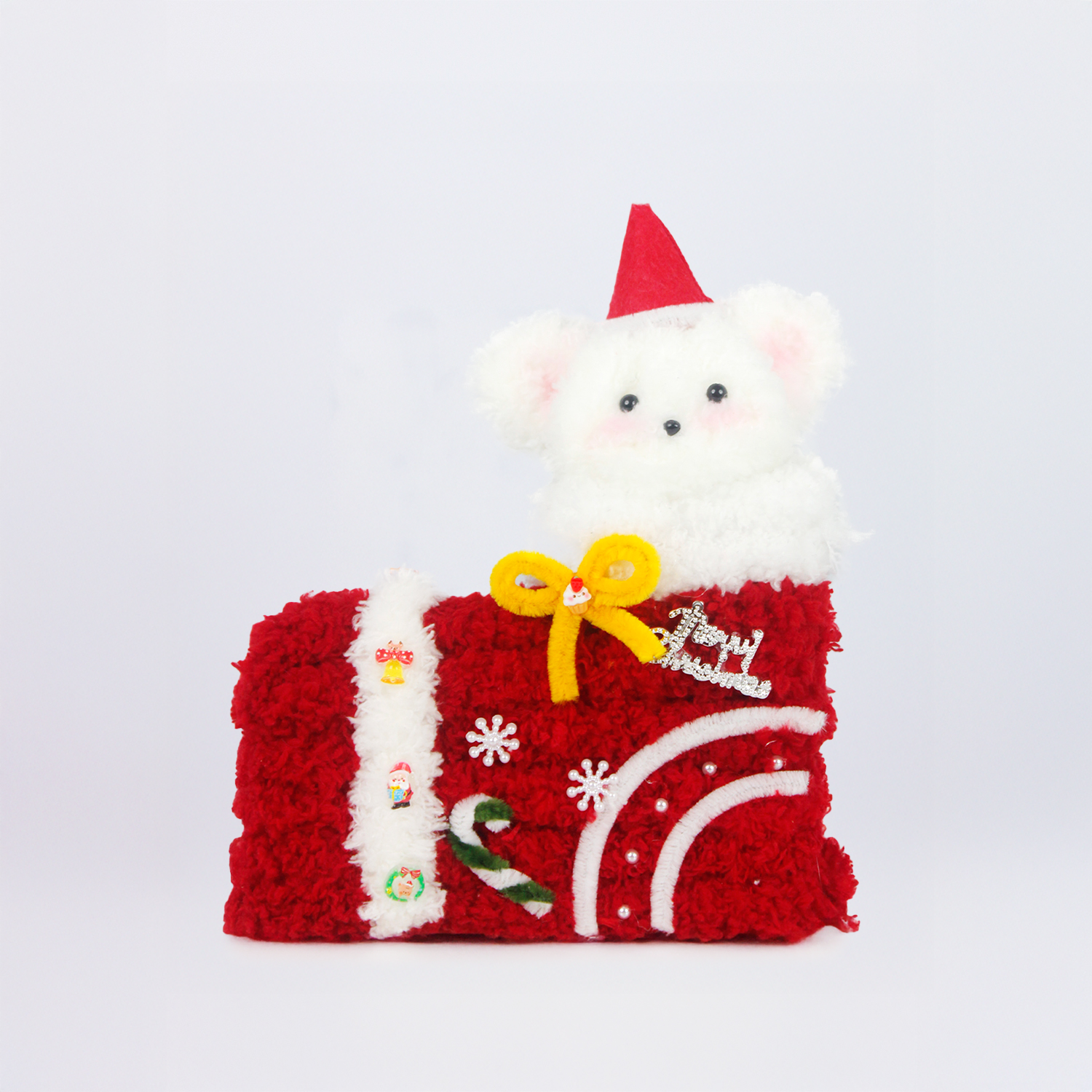 Cute white bear inside red Christmas stocking made of pipe cleaners, topped with a Santa hat and festive bow. Unique handmade Christmas gift and cozy holiday décor.