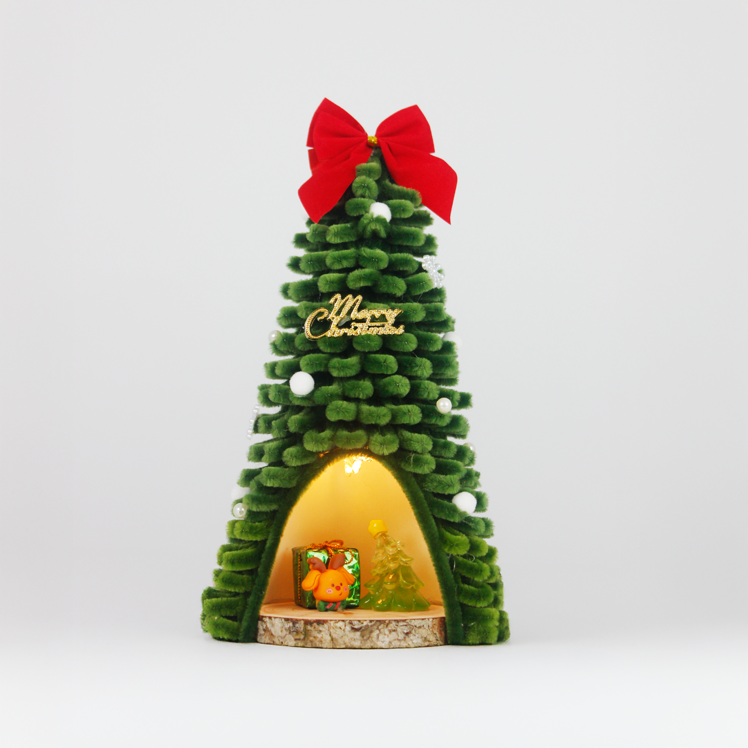 Glowing mini pipe cleaner Christmas tree with orange bear and glass ornament – whimsical handmade Christmas decoration