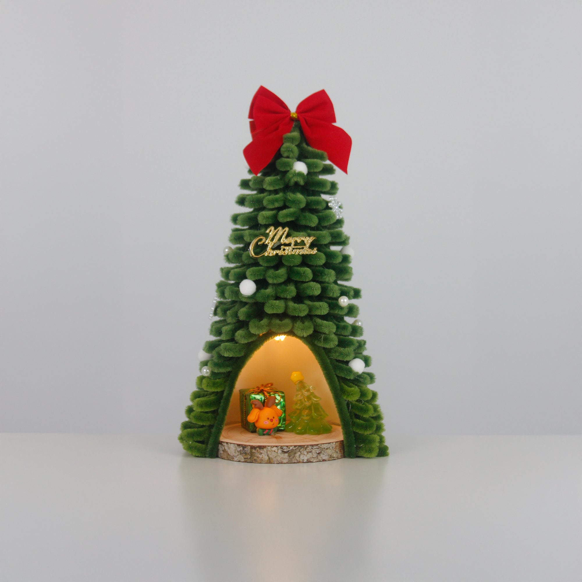 Glowing mini pipe cleaner Christmas tree with orange bear and glass ornament – whimsical handmade Christmas decoration