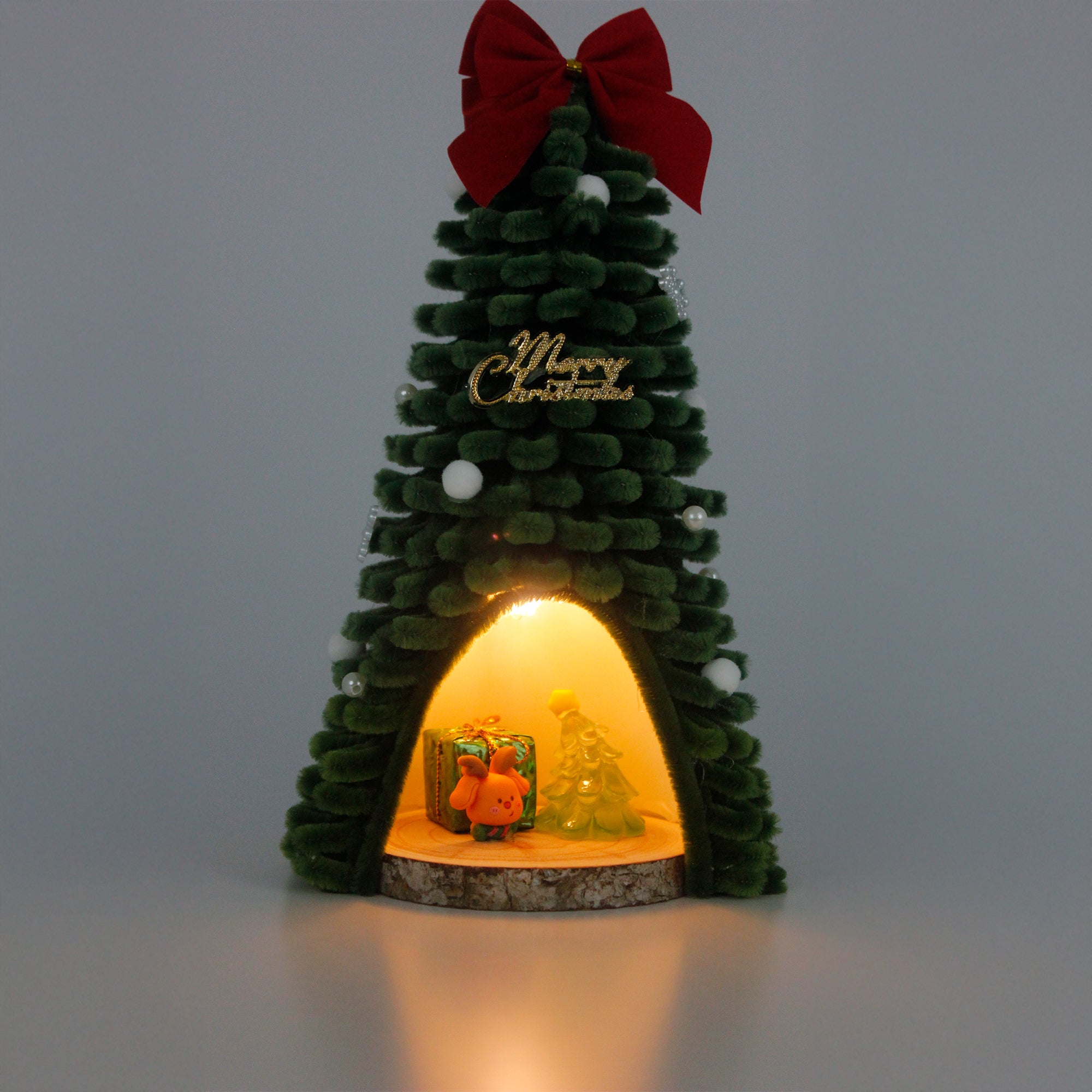 Glowing mini pipe cleaner Christmas tree with orange bear and glass ornament – whimsical handmade Christmas decoration