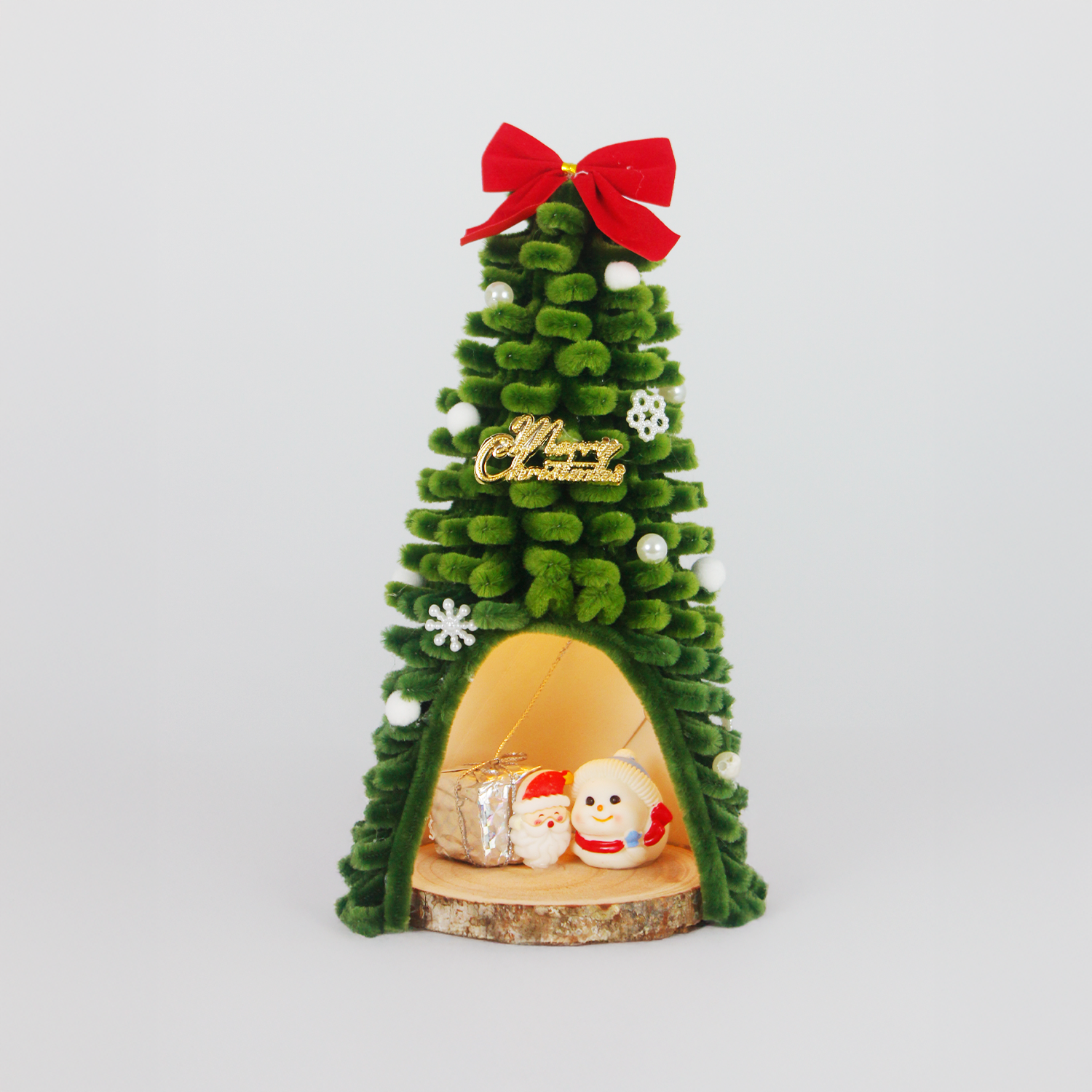  Pipe cleaner Christmas tree featuring Santa and snowman figurines with gift box inside, topped with red bow – ideal cute and cozy holiday decor.